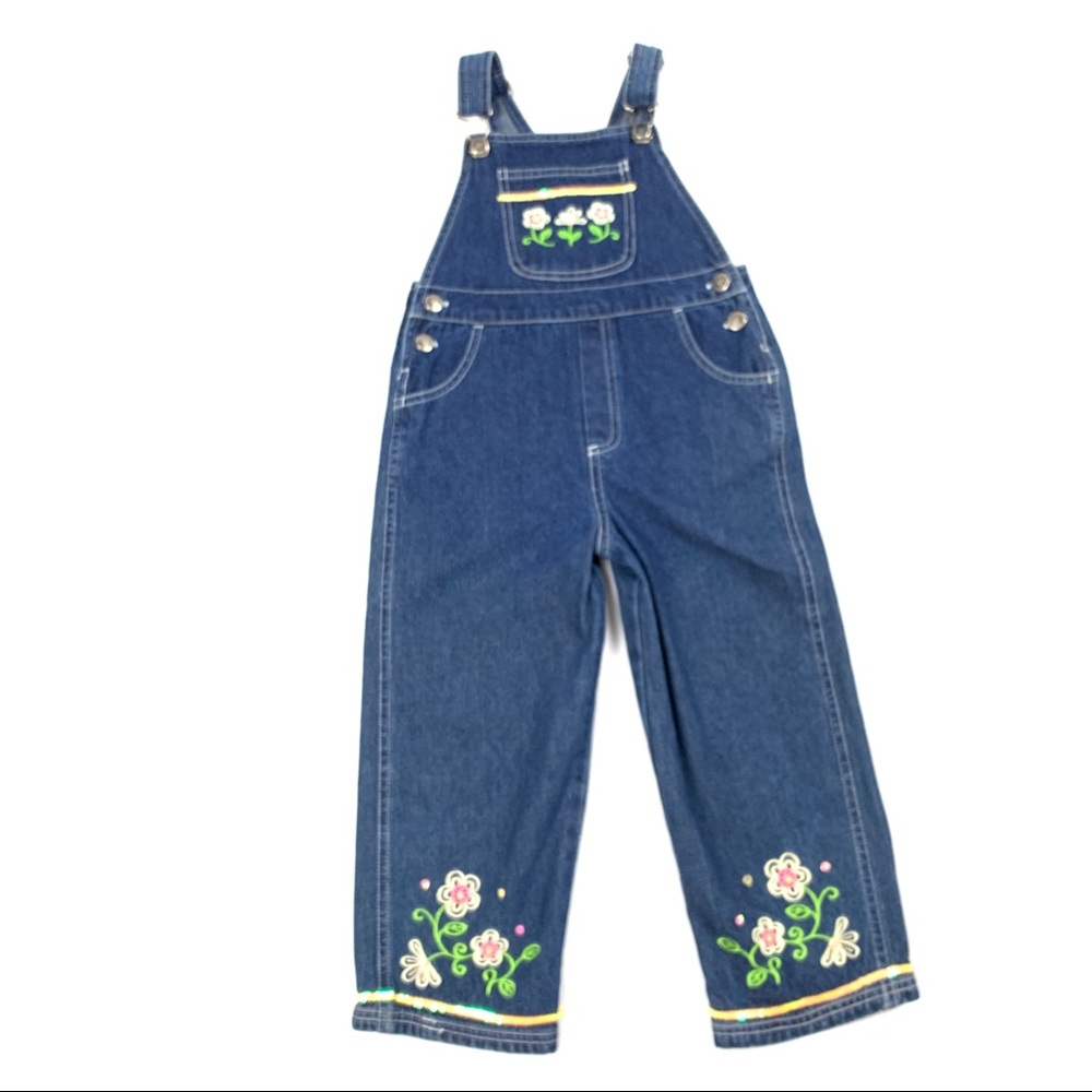 Young Hearts Girls Denim Overalls Floral Size 5